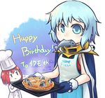  androgynous animal_costume apron cake cape chef_hat chef_uniform crossed_arms fish food hat headwear_removed len'en medias_moritake multiple_others ooya_kunimitsu penguin_costume pie red_hair short_hair silver_eyes silver_hair sleeveless smile stargazy_pie yuejiao_tuan 