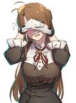  blush breasts brown_hair covering_face embarrassed flying_sweatdrops girls_frontline gloves large_breasts lee-enfield_(girls_frontline) long_hair open_mouth simple_background solo white_background white_gloves xiujia_yihuizi 