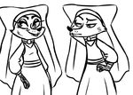  2016 anthro black_and_white canine clothed clothing crossdressing crossover disney duo female fox hand_on_hip inkyfrog looking_at_viewer maid_marian male mammal monochrome nick_wilde robin_hood_(disney) simple_background smile veil white_background zootopia 