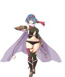  1girl blue_eyes blue_hair boots breasts brown_gloves cloak cypria_(sennen_sensou_aigis) full_body gloves highres holding knife large_breasts legs looking_at_viewer navel parted_lips sennen_sensou_aigis serious short_hair short_shorts shorts simple_background solo standing thighhighs thighs transparent_background white_background 