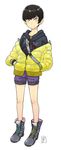  1girl androgynous black_hair blue_eyes female full_body hands_in_pockets hoodie jacket looking_at_viewer satsuyo short_hair short_shorts shorts simple_background smile solo tomboy white_background 