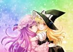  arm_around_shoulder blonde_hair blush capelet cheek-to-cheek crescent crescent_hair_ornament frown gradient gradient_background grin hair_ornament hand_on_another's_back hat hat_ribbon heart highres hug kirisame_marisa leaning_forward light_particles long_hair looking_at_viewer mob_cap multicolored multicolored_background multiple_girls one_eye_closed patchouli_knowledge pink_robe puffy_short_sleeves puffy_sleeves purple_eyes purple_hair ribbon sato-pon short_sleeves skirt skirt_set smile star starry_background symbol-shaped_pupils touhou twitter_username witch_hat yellow_eyes yuri 