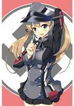  :d adjusting_hair anchor blue_eyes commentary hand_on_own_head hat highres kantai_collection light_brown_hair long_hair looking_at_viewer open_mouth peaked_cap pleated_skirt prinz_eugen_(kantai_collection) sheita side_ponytail skirt smile solo swastika 