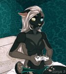  almos-tiroshi anthro bed breasts casual_nudity clothed clothing featureless_breasts feline female inside looking_at_viewer mammal pillow sitting solo topless underwear video_games 