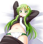  arm_pillow arms_up bangs bed_sheet between_breasts black_serafuku black_skirt blush breasts cameltoe check_commentary commentary_request cowboy_shot crescent crescent_hair_ornament eyebrows_visible_through_hair green_eyes green_hair hair_ornament ichimi kantai_collection long_hair long_sleeves looking_at_viewer looking_down lying nagatsuki_(kantai_collection) navel neckerchief on_back on_bed panties parted_lips school_uniform serafuku shirt_lift skin_tight skirt skirt_pull small_breasts solo stomach underwear very_long_hair white_neckwear white_panties 