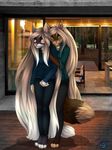  almos-tiroshi anthro canine clothed clothing duo ear_piercing feline female fur hair hug long_hair mammal outside piercing standing 