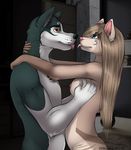 almos-tiroshi anthro areola breasts canine duo feline female hug inside male male/female mammal nipples nude smile standing tongue tongue_out 
