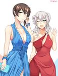  ;d absurdres alternate_costume armpits bag blue_dress blue_eyes bracelet breasts brown_eyes brown_hair cleavage collarbone contemporary curly_hair dress earrings evening_gown handbag highres holding jewelry kaga_(kantai_collection) kantai_collection kashima_(kantai_collection) large_breasts long_hair looking_at_viewer multiple_girls one_eye_closed open_mouth red_dress silver_hair simple_background smile twintails twitter_username wangphing waving white_background 