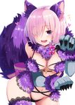  alternate_costume animal_ears black_panties blush breasts claw_pose commentary cowboy_shot dangerous_beast elbow_gloves eyebrows_visible_through_hair fangs fate/grand_order fate_(series) fur-trimmed_gloves fur-trimmed_legwear fur_collar fur_trim gao gloves green_gloves hair_over_one_eye halloween_costume heart highres large_breasts looking_at_viewer mash_kyrielight navel o-ring o-ring_top open_mouth panties pink_ribbon purple_eyes purple_hair ribbon shiime shiny shiny_hair shiny_skin short_hair simple_background smile solo tail teeth thighhighs thighs translated underwear white_background wolf_ears wolf_tail 
