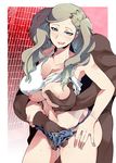  1girl bare_shoulders blue_eyes breast_grab breasts brown_hair collarbone denim denim_shorts fingering grabbing hair_ornament hairclip hetero huge_breasts licking_lips navel nipples persona persona_5 pussy_juice reach-around shorts takamaki_anne tank_top tongue tongue_out twintails uchiuchi_keyaki 