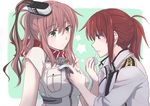  adjusting_clothes anchor breast_pocket brown_eyes brown_hair dressing_another female_admiral_(kantai_collection) green_eyes headgear holding kantai_collection long_hair military military_uniform mouth_hold multiple_girls naval_uniform pin.s pocket red_hair saratoga_(kantai_collection) scarf tape uniform 
