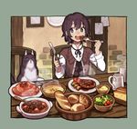  9_(saki-ooo-kiyu) androgynous animal black_eyes black_hair border bread butter_knife cat chair cup eating food fork green_border highres knife mug open_mouth original pasta salad short_hair sitting smile soup steak table 