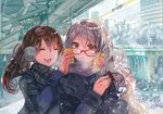  :d breath brown_hair can can_to_cheek canned_coffee closed_eyes coat commentary_request glasses happy long_hair multiple_girls open_mouth original real_world_location red-framed_eyewear rioka_(southern_blue_sky) scarf smile tokyo_(city) twintails white_hair winter winter_clothes 