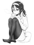  character_request commentary_request cup dress drinking feet greyscale hairband highres monochrome nito_(siccarol) no_shoes pantyhose pillow ribbed_sweater sitting solo steam sweater sweater_dress toe_scrunch 