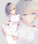  alternate_costume blue_eyes brown_hair closed_mouth collarbone eyebrows eyebrows_visible_through_hair grey_background gym_uniform hair_ornament head_tilt highres kantai_collection kumano_(kantai_collection) long_hair looking_at_viewer ponytail simple_background smile solo tebi_(tbd11) white_legwear 