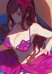  absurdres bikini breasts brown_hair cleavage collarbone fate/grand_order fate_(series) flower hair_flower hair_ornament hand_on_hip hibiscus highres large_breasts long_hair pink_eyes purple_sarong red_cucumber red_flower sarong scathach_(fate)_(all) scathach_(swimsuit_assassin)_(fate) shiny shiny_skin solo swimsuit underboob 