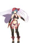  1girl bandanna bare_shoulders blue_eyes blue_hair boots breasts brown_gloves choker cloak cypria_(sennen_sensou_aigis) feet full_body gloves headband highres holding large_breasts legs looking_at_viewer mound_of_venus navel sennen_sensou_aigis short_hair simple_background smile solo standing thighhighs thighs thong transparent_background white_background 