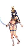  1girl blue_eyes blue_hair breastplate breasts crown egyptian egyptian_clothes eyebrows eyebrows_visible_through_hair feet full_body highres holding hores_(sennen_sensou_aigis) large_breasts legs long_hair looking_at_viewer midriff mound_of_venus navel parted_lips sandals sennen_sensou_aigis simple_background smile solo standing sword thighs toes transparent_background uchiu_kazuma weapon white_background 