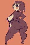  2016 animal_crossing anthro apron bedroom_eyes big_breasts big_butt blush breasts butt clothed clothing female footwear freckles half-closed_eyes hand_on_hip hedgehog hi_res high_heels lewdmaster34 lips looking_back mammal nintendo open_mouth orange_background sable_able seductive shoes simple_background skimpy slightly_chubby solo standing thick_thighs video_games wide_hips 