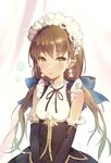 breasts brown_eyes brown_hair detached_sleeves earrings jewelry kakiman long_hair looking_at_viewer low_twintails maid maid_headdress medium_breasts original parted_lips solo twintails 