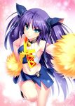  bell black_panties blue_eyes blue_skirt blurry cheerleader choker crop_top depth_of_field jingle_bell little_busters! long_hair looking_at_viewer midriff navel panties pantyshot paws pom_poms purple_hair sasasegawa_sasami skirt solo twintails underwear zen 