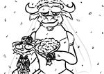  2016 anthro black_and_white blush bouquet bovine bow_tie buffalo clothed clothing dress duo flower hand_on_head inkyfrog looking_at_viewer male mammal monochrome plant simple_background size_difference suit sweat veil wedding wedding_dress white_background 