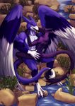  anal anal_penetration avian balls beak big_balls black_fur black_penis blue_feathers cowgirl_position detailed_background entwined_tails eye_contact feathers fur gryphon hand_on_hip knot licking lootz male male/male mgmr on_top outside penetration penis plant purple_fur river sergal sex sitting smile tattoo tongue tongue_out 