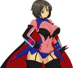  1girl ahoge black_hair bodysuit breasts cape clothed_navel cosplay covered_navel garter_straps gauntlets honchan large_breasts long_hair nchallenge nchans power_armor simple_background solo thighhighs warner 