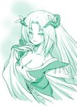  breasts cleavage collarbone dress evil_smile fingernails fresh_precure! green hand_on_own_chest horns kazuma_muramasa large_breasts long_fingernails long_hair monochrome northa_(fresh_precure!) parted_lips precure sketch smile solo 