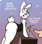  anthro balls bent_over big_butt blush bottle breasts butt clothed clothing cupcake_(oriole) drunk duo english_text female half-closed_eyes holding_object lagomorph leotard male mammal oriole_(artist) penis rabbit shoulder_tuft small_breasts text thick_thighs tuft 