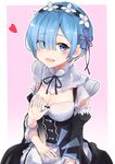  28aarts :d blue_eyes blue_hair blush breasts cleavage collar detached_collar detached_sleeves eyebrows_visible_through_hair eyes_visible_through_hair flower frilled_collar frilled_sleeves frills gradient gradient_background hair_flower hair_ornament hair_over_one_eye hair_ribbon heart highres maid maid_headdress medium_breasts open_mouth patting patting_lap pink_background puffy_sleeves purple_ribbon re:zero_kara_hajimeru_isekai_seikatsu rem_(re:zero) ribbon short_hair smile solo white_background white_flower 