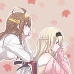  2girls ahoge alternate_costume bag bare_shoulders braid brown_hair casual double_bun french_braid hairband kantai_collection kongou_(kantai_collection) leaf light_brown_hair maple_leaf multiple_girls pin.s plastic_bag purple_eyes smelling sweater warspite_(kantai_collection) wheelchair 