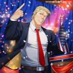  1boy 2016 america american_flag bara belt bird blonde_hair blue blue_background blue_eyes blue_jacket clenched_teeth confetti donald_trump dress_shirt eagle formal human jacket light-skinned lights male male_focus muscle necktie nsfwbetitngoan old_man one_arm_up open_clothes open_jacket pointing pointing_up politician politics real_life realistic red_necktie shirt smile smug solo stage_lights standing suit upper_body white_shirt yaoi 