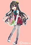  :d black_hair blush boots bouquet bow bowtie commentary_request cross-laced_footwear fang flower full_body gradient_eyes grey_legwear hair_bun kantai_collection lace-up_boots long_hair long_sleeves multicolored multicolored_eyes multicolored_hair naganami_(kantai_collection) nagasioo open_mouth pantyhose pink_background pink_hair purple_eyes school_uniform smile solo twitter_username two-tone_hair yellow_eyes 