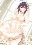  ahoge blush breasts bridal_gauntlets bridal_veil cleavage covered_navel dress flower garter_straps highres jewelry kantai_collection large_breasts lily_(flower) long_hair looking_at_viewer ring smile solo taigei_(kantai_collection) takehana_note tears thighhighs veil wedding_band wedding_dress white_dress white_legwear 