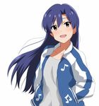  :d beamed_eighth_notes blue_hair blue_jacket blush brown_eyes collarbone contemporary eighth_note eyebrows eyebrows_visible_through_hair grey_shirt hair_between_eyes hands_in_pockets idolmaster idolmaster_(classic) jacket kisaragi_chihaya lieass long_hair looking_at_viewer lowres musical_note musical_note_print open_clothes open_jacket open_mouth shirt simple_background smile solo tareme white_background 