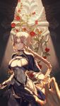  armor black_gloves black_legwear blonde_hair blue_eyes braid capelet chain cowboy_shot fajyobore323 fate/apocrypha fate_(series) faulds flower gauntlets gloves headpiece highres jeanne_d'arc_(fate) jeanne_d'arc_(fate)_(all) long_hair outstretched_hand reaching reaching_out red_flower red_rose rose single_braid solo thighhighs very_long_hair 