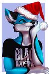  2016 5_fingers anthro black_fur black_nose blue_eyes blue_fur canine clothed clothing fur gradiewoof hat male mammal simple_background smile white_fur 