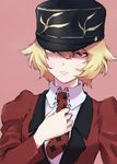  adjusting_clothes adjusting_necktie asparagus_(girls_und_panzer) bangs blonde_hair brown_eyes closed_mouth girls_und_panzer girls_und_panzer_ribbon_no_musha hat jacket kepi long_sleeves looking_at_viewer messy_hair military military_hat military_uniform mityubi necktie pink_background red_jacket shirt short_hair simple_background solo standing uniform upper_body white_shirt 