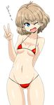  absurdres aono3 arm_behind_back ass_visible_through_thighs bangs bikini blue_eyes breasts brown_hair emblem fang girls_und_panzer highres katyusha micro_bikini navel one_eye_closed pravda_(emblem) red_bikini short_hair small_breasts solo standing swimsuit translated uniform v 