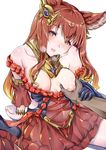  1girl animal_ears anthuria ao_(time-leap) bare_shoulders breast_grab breasts breath dress erune grabbing granblue_fantasy hair_ornament hetero highres long_hair looking_at_viewer medium_breasts nipples one_breast_out open_mouth orange_hair puffy_nipples red_dress red_eyes red_hair solo_focus 