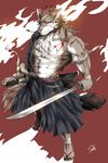  abs anthro biceps blood canine chest_tuft clothed clothing fur male mammal melee_weapon muscular muscular_male pecs scar sword tach8 tuft weapon wolf 