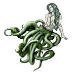  breasts eyes_closed female gore green_skin grey_skin hair long_hair nude scribbletati simple_background small_breasts solo staples teal_hair tentacles white_background 