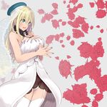  alternate_costume aqua_eyes atago_(kantai_collection) bare_arms bare_shoulders blonde_hair breast_press breasts bridal_veil commentary_request dress eyebrows_visible_through_hair eyes_visible_through_hair floral_background flower garter_straps hair_between_eyes hands_together highres kantai_collection large_breasts long_hair off-shoulder_dress off_shoulder open_mouth panties red_flower red_rose rose rose_background short_dress solo tebi_(tbd11) thighhighs thighs underwear veil white_dress white_legwear white_panties 