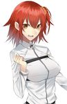 bangs breasts collared_shirt fate/grand_order fate_(series) fujimaru_ritsuka_(female) hair_between_eyes hand_up highres large_breasts looking_at_viewer onineko-chan open_mouth orange_scrunchie red_hair scrunchie shirt side_ponytail simple_background smile solo strap teeth white_background white_shirt yellow_eyes 