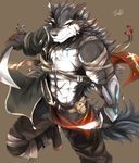  2016 abs anthro biceps canine chest_tuft clothed clothing fur male mammal muscular muscular_male pecs red_eyes solo tach8 topless tuft wolf 