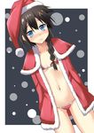  arms_at_sides asami_yurumu bangs bikini black_hair blue_eyes blush border braid breasts capelet christmas coat cowboy_shot dutch_angle embarrassed fur-trimmed_coat fur_trim hair_flaps hair_ornament hair_over_shoulder hat kantai_collection long_sleeves looking_at_viewer micro_bikini navel nose_blush open_clothes open_coat outside_border pom_pom_(clothes) red_bikini red_coat santa_costume santa_hat shigure_(kantai_collection) single_braid small_breasts solo swimsuit wavy_mouth white_border 