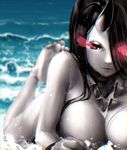  barefoot battleship_hime beach black_hair breasts commentary_request foreshortening glowing glowing_eyes highres horns kantai_collection large_breasts lips long_hair looking_at_viewer lying mizusaki_(tengoku) nude on_stomach oni_horns outdoors pale_skin red_eyes shinkaisei-kan solo water white_skin 