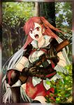  black_gloves black_legwear black_ribbon brown_eyes forest gloves gun hair_ribbon holding holding_gun holding_weapon long_hair lowres military multicolored_hair nature one_knee one_side_up open_mouth outdoors pleated_skirt red_hair red_skirt ribbon riela_marcellis rifle senjou_no_valkyria senjou_no_valkyria_3 silver_hair skirt solo thighhighs tree tsuge_mizuki two-tone_hair weapon 