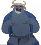  2016 anthro bovine buffalo cape_buffalo chief_bogo clothed clothing disney ethancostas flat_colors horn jockstrap leaking looking_at_viewer male mammal musclegut navel nipples pants_down partially_clothed pecs penis pinup police_officer pose precum presenting signature solo underwear uniform zootopia 